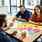 **

*   Prompt: "A diverse team brainstorming around a table, using colorful sticky notes and mind maps, smiling and actively collaborating on problem-solving in a modern office space. Focus on creativity and idea generation."

**