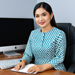 **

A professional businesswoman in a modest baju kurung, sitting at a desk in a modern Kuala Lumpur office, fully clothed, appropriate attire, safe for work, perfect anatomy, natural proportions, professional photography, high quality.

**
